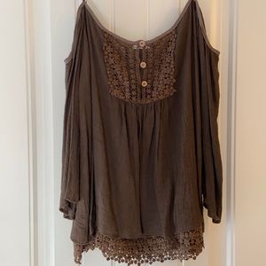 Olive green off shoulder tank with sleeves